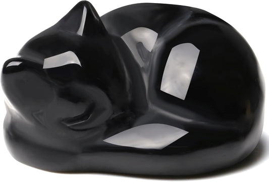 Black Obsidian Cat Crystals and Healing Stones Figurine Sleeping Cat Decor Stone Statue Gift Carved Gemstones Sculpture Office Home Desk Lucky Kitten Cute Decoration for Cat Lover Men Women