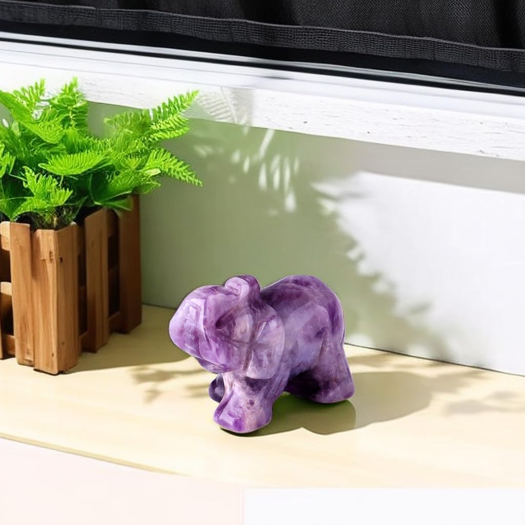 Amethyst Elephant Decor Statue Crystals Healing Stones Crystal Pocket Figurines Cute Hand Carved Sculpture Gemstones Spiritual Home Office Desk Purple Decor Elephant Gifts for Women