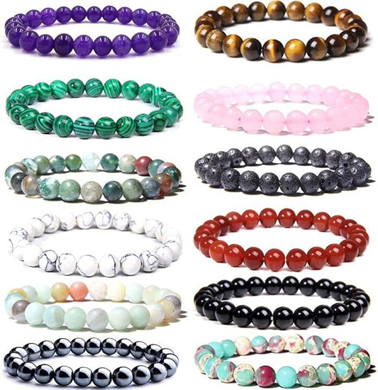 12PCS 8mm Gorgeous Semi-Precious Gemstones Round Beads Energy Power Crystal Reiki Elastic Stretch Bracelet For Women men Gifts