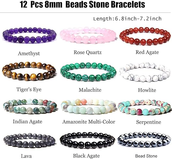 12PCS 8mm Gorgeous Semi-Precious Gemstones Round Beads Energy Power Crystal Reiki Elastic Stretch Bracelet For Women men Gifts